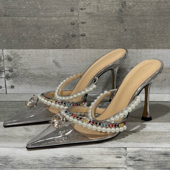 MACH & MACH Diamond Of Elizabeth Imitation Pearl Pointed Toe Mule Silver Sz-38/8 - Picture 4 of 14